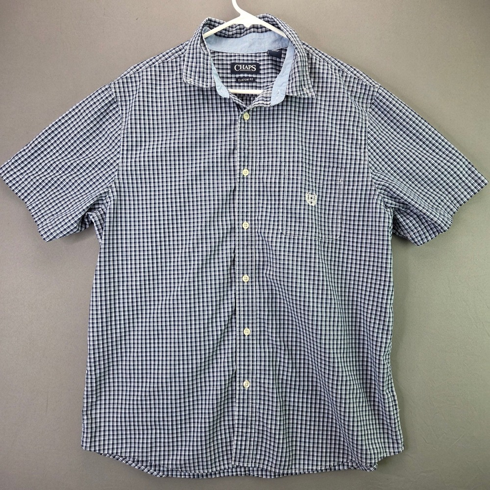 Chaps Shirt Mens XL Blue Gingham Check Short Sleeve Button Up Custom Fit Pocket